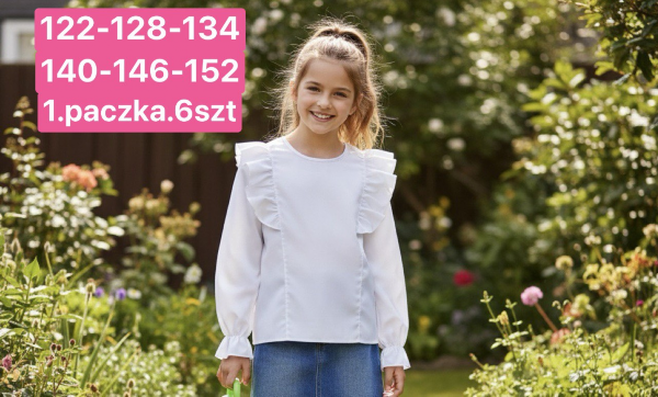 Koszule dziewczęce Roz 122-152, 1 kolor Paczka 6 szt